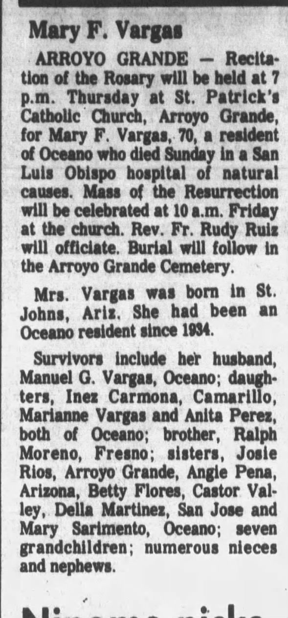 Obituary for Mary F. Vargas (Aged 70)